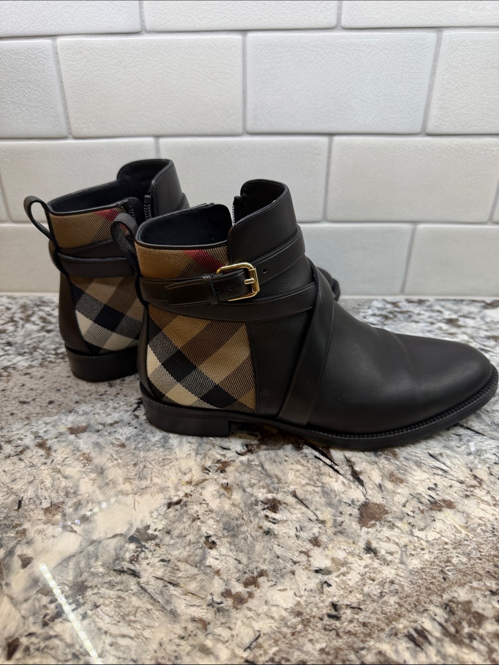 Burberry Classic Black Leather Ankle Boots with Check Panel
